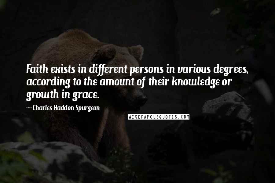 Charles Haddon Spurgeon Quotes: Faith exists in different persons in various degrees, according to the amount of their knowledge or growth in grace.