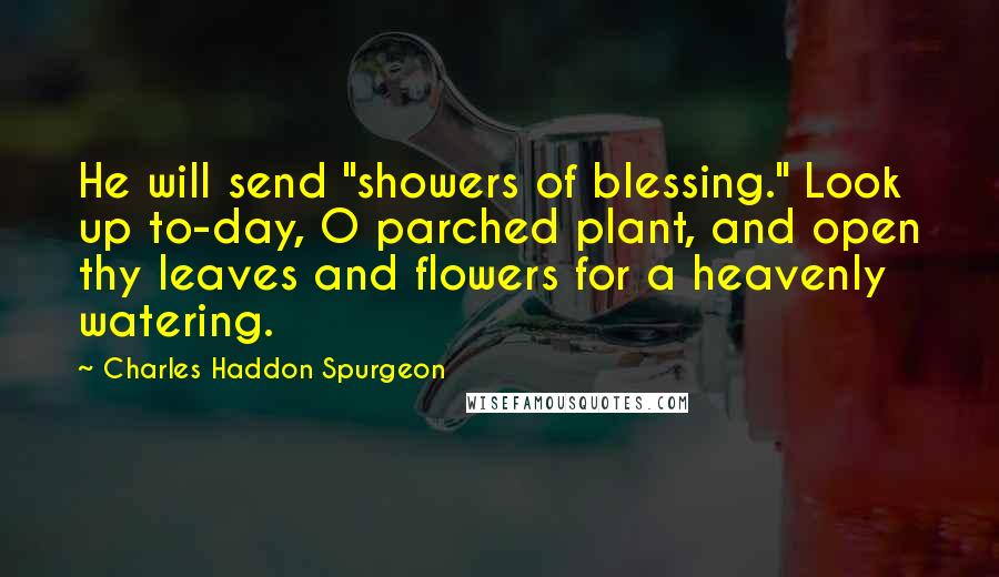 Charles Haddon Spurgeon Quotes: He will send "showers of blessing." Look up to-day, O parched plant, and open thy leaves and flowers for a heavenly watering.