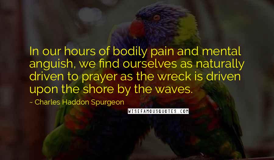 Charles Haddon Spurgeon Quotes: In our hours of bodily pain and mental anguish, we find ourselves as naturally driven to prayer as the wreck is driven upon the shore by the waves.