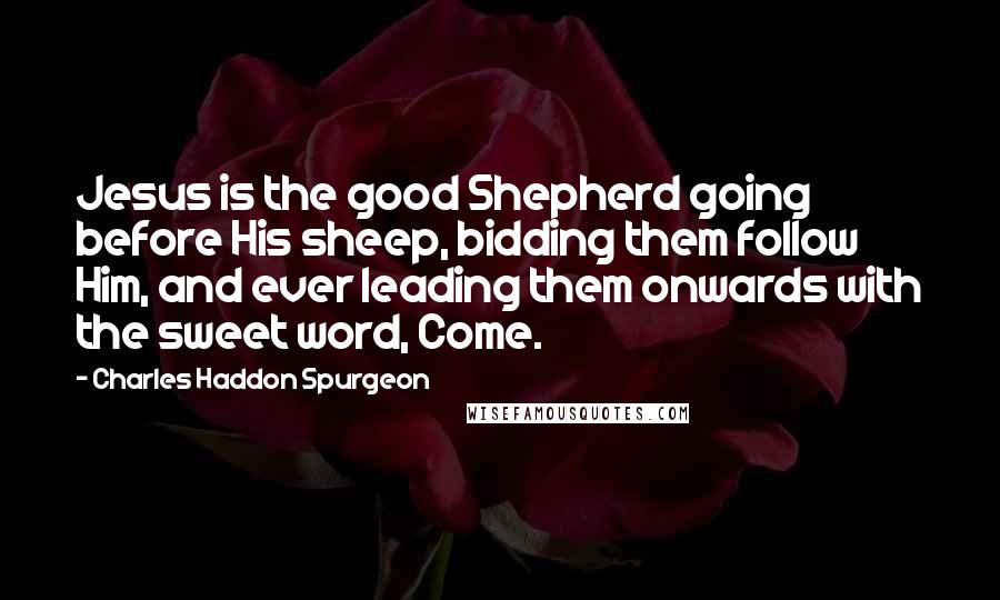 Charles Haddon Spurgeon Quotes: Jesus is the good Shepherd going before His sheep, bidding them follow Him, and ever leading them onwards with the sweet word, Come.