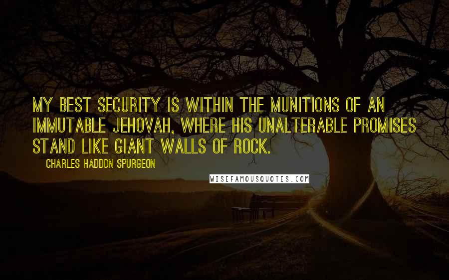Charles Haddon Spurgeon Quotes: My best security is within the munitions of an immutable Jehovah, where His unalterable promises stand like giant walls of rock.