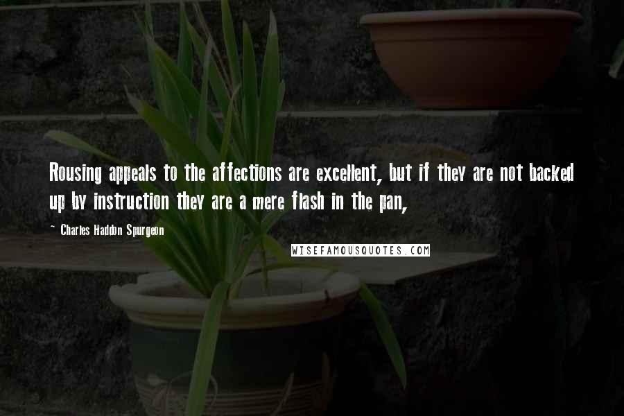 Charles Haddon Spurgeon Quotes: Rousing appeals to the affections are excellent, but if they are not backed up by instruction they are a mere flash in the pan,