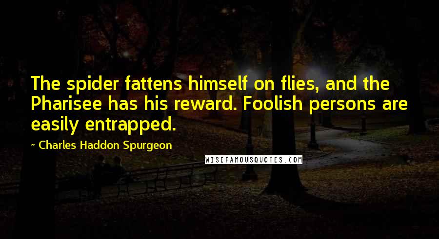 Charles Haddon Spurgeon Quotes: The spider fattens himself on flies, and the Pharisee has his reward. Foolish persons are easily entrapped.