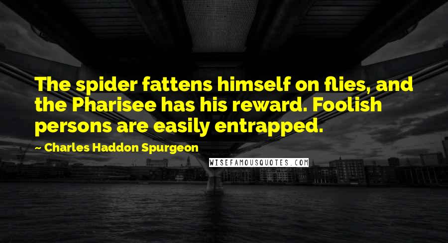 Charles Haddon Spurgeon Quotes: The spider fattens himself on flies, and the Pharisee has his reward. Foolish persons are easily entrapped.