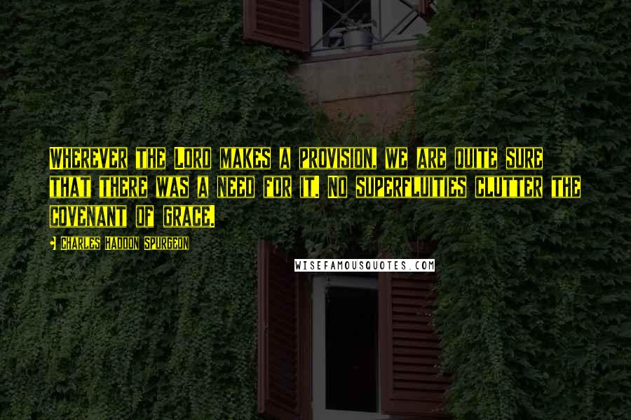 Charles Haddon Spurgeon Quotes: Wherever the Lord makes a provision, we are quite sure that there was a need for it. No superfluities clutter the covenant of grace.