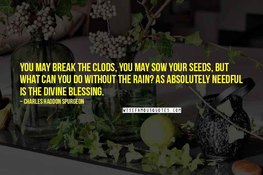 Charles Haddon Spurgeon Quotes: You may break the clods, you may sow your seeds, but what can you do without the rain? As absolutely needful is the divine blessing.