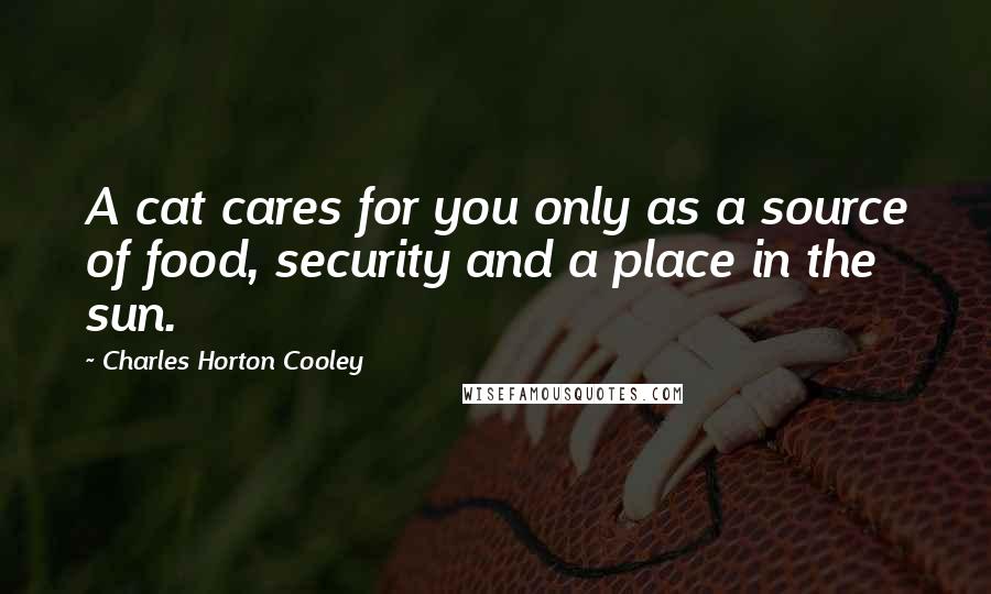 Charles Horton Cooley Quotes: A cat cares for you only as a source of food, security and a place in the sun.