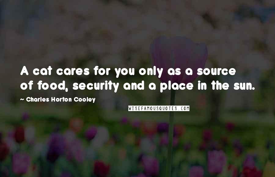 Charles Horton Cooley Quotes: A cat cares for you only as a source of food, security and a place in the sun.
