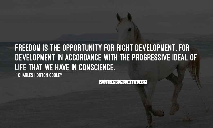 Charles Horton Cooley Quotes: Freedom is the opportunity for right development, for development in accordance with the progressive ideal of life that we have in conscience.