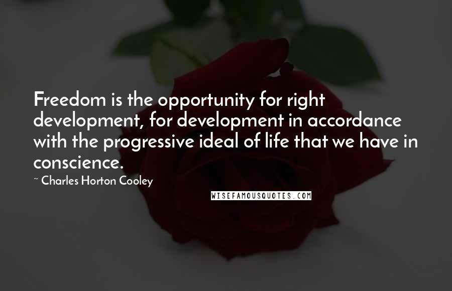 Charles Horton Cooley Quotes: Freedom is the opportunity for right development, for development in accordance with the progressive ideal of life that we have in conscience.