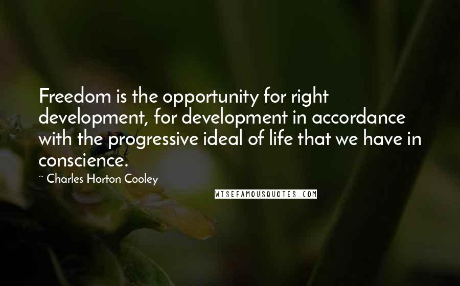 Charles Horton Cooley Quotes: Freedom is the opportunity for right development, for development in accordance with the progressive ideal of life that we have in conscience.