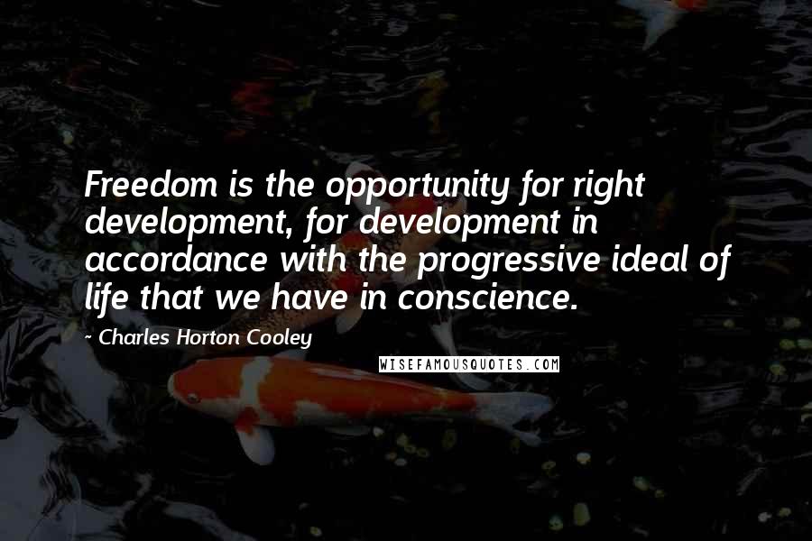 Charles Horton Cooley Quotes: Freedom is the opportunity for right development, for development in accordance with the progressive ideal of life that we have in conscience.