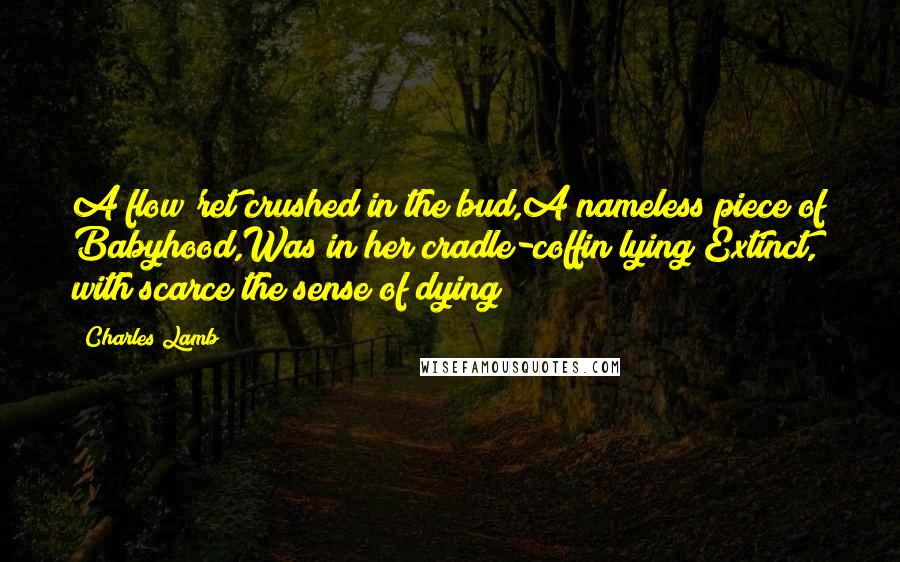 Charles Lamb Quotes: A flow'ret crushed in the bud,A nameless piece of Babyhood,Was in her cradle-coffin lying;Extinct, with scarce the sense of dying