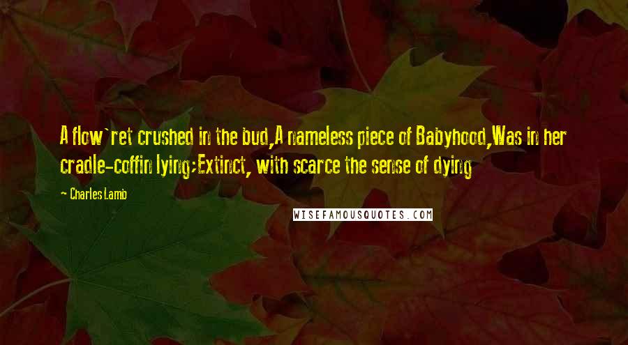 Charles Lamb Quotes: A flow'ret crushed in the bud,A nameless piece of Babyhood,Was in her cradle-coffin lying;Extinct, with scarce the sense of dying