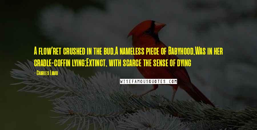 Charles Lamb Quotes: A flow'ret crushed in the bud,A nameless piece of Babyhood,Was in her cradle-coffin lying;Extinct, with scarce the sense of dying