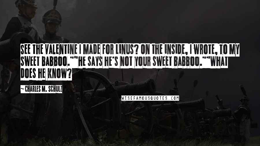 Charles M. Schulz Quotes: See the valentine I made for Linus? On the inside, I wrote, To my sweet babboo.""He says he's not your sweet babboo.""What does he know?