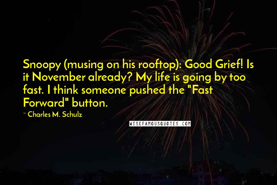 Charles M. Schulz Quotes: Snoopy (musing on his rooftop): Good Grief! Is it November already? My life is going by too fast. I think someone pushed the "Fast Forward" button.