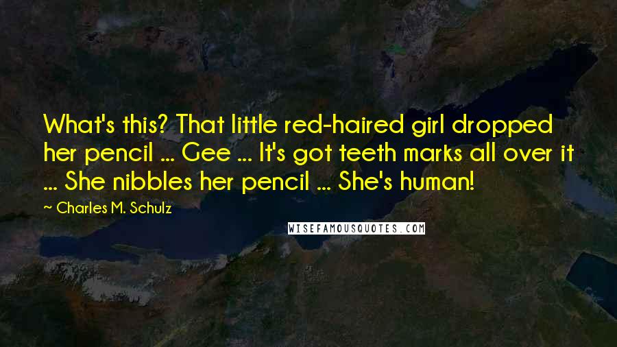 Charles M. Schulz Quotes: What's this? That little red-haired girl dropped her pencil ... Gee ... It's got teeth marks all over it ... She nibbles her pencil ... She's human!