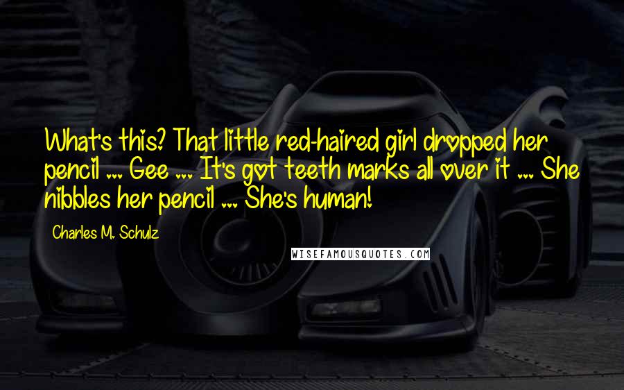 Charles M. Schulz Quotes: What's this? That little red-haired girl dropped her pencil ... Gee ... It's got teeth marks all over it ... She nibbles her pencil ... She's human!