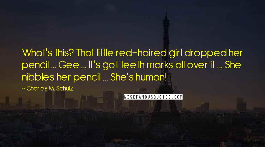 Charles M. Schulz Quotes: What's this? That little red-haired girl dropped her pencil ... Gee ... It's got teeth marks all over it ... She nibbles her pencil ... She's human!