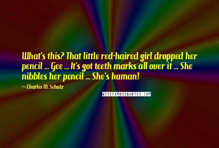 Charles M. Schulz Quotes: What's this? That little red-haired girl dropped her pencil ... Gee ... It's got teeth marks all over it ... She nibbles her pencil ... She's human!