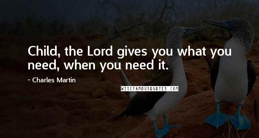 Charles Martin Quotes: Child, the Lord gives you what you need, when you need it.