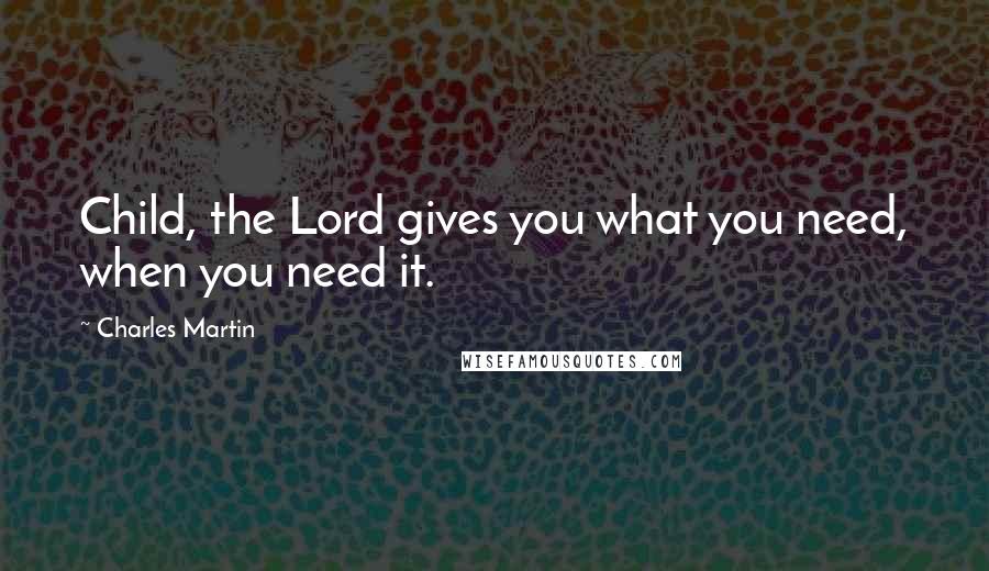 Charles Martin Quotes: Child, the Lord gives you what you need, when you need it.
