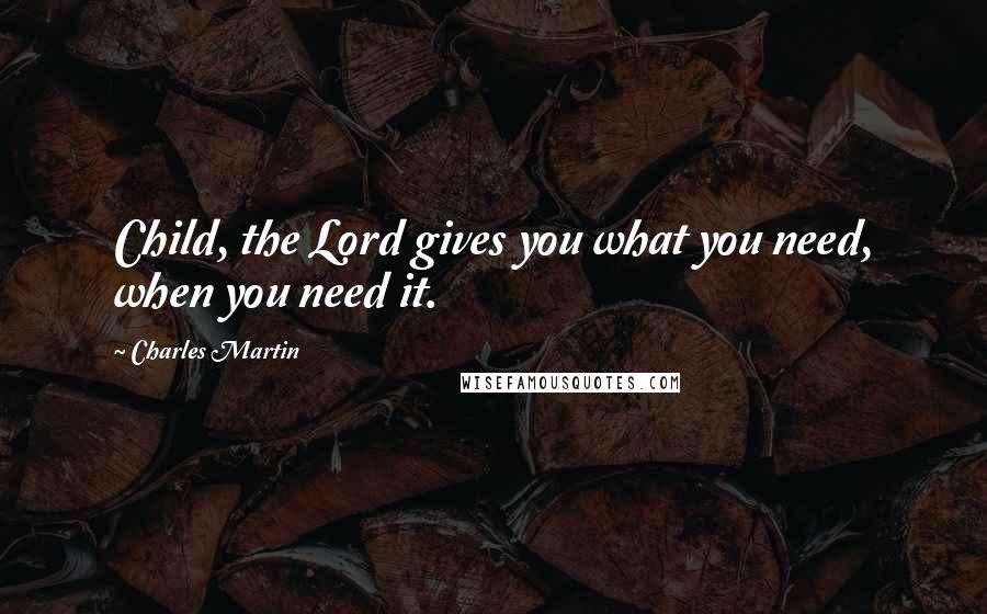 Charles Martin Quotes: Child, the Lord gives you what you need, when you need it.
