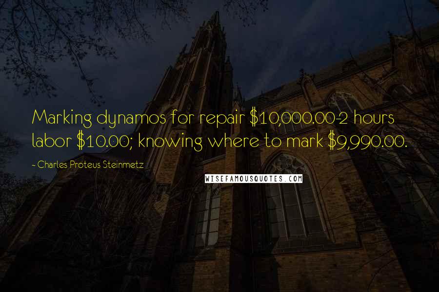 Charles Proteus Steinmetz Quotes: Marking dynamos for repair $10,000.00-2 hours labor $10.00; knowing where to mark $9,990.00.