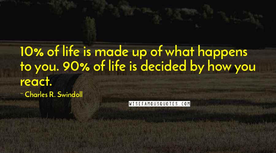 Charles R. Swindoll Quotes: 10% of life is made up of what happens to you. 90% of life is decided by how you react.