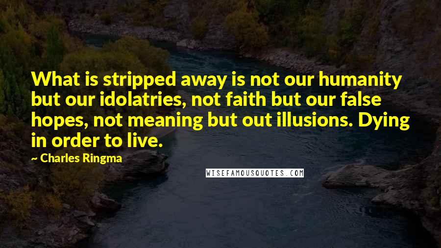 Charles Ringma Quotes: What is stripped away is not our humanity but our idolatries, not faith but our false hopes, not meaning but out illusions. Dying in order to live.