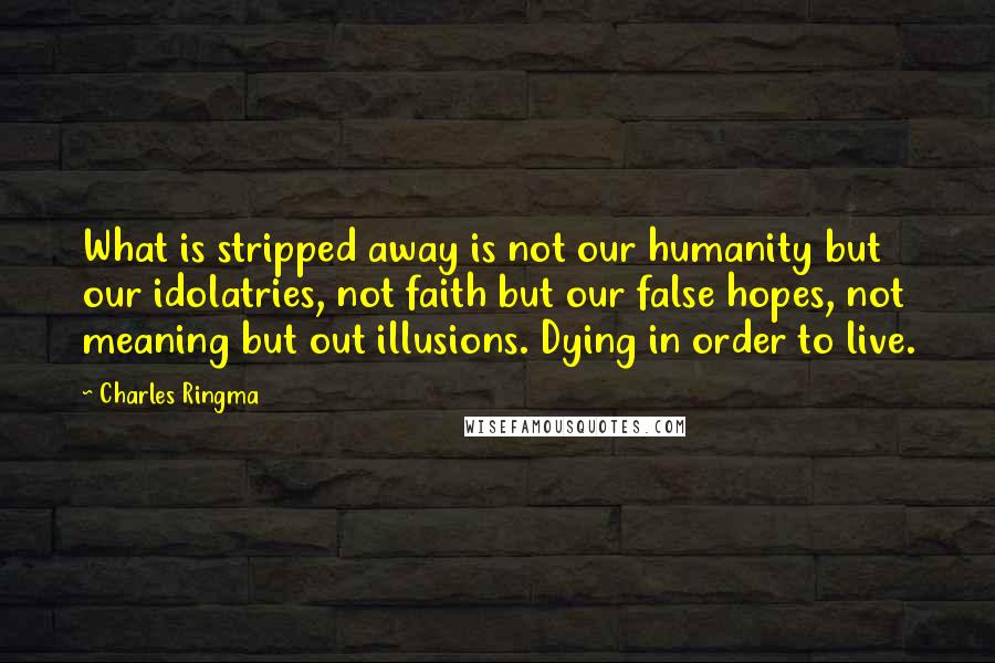 Charles Ringma Quotes: What is stripped away is not our humanity but our idolatries, not faith but our false hopes, not meaning but out illusions. Dying in order to live.