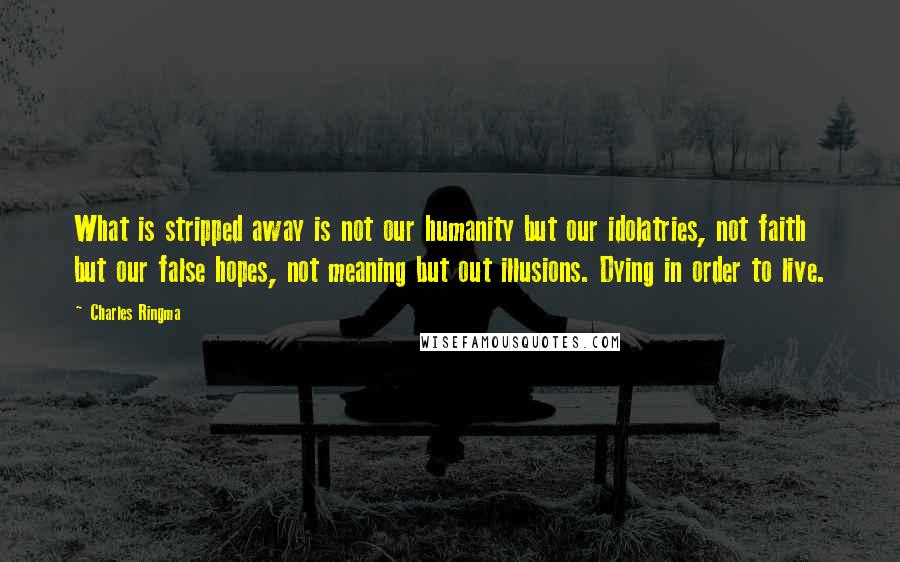 Charles Ringma Quotes: What is stripped away is not our humanity but our idolatries, not faith but our false hopes, not meaning but out illusions. Dying in order to live.