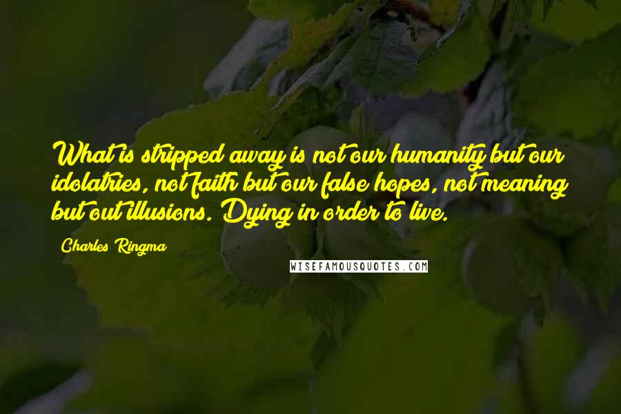 Charles Ringma Quotes: What is stripped away is not our humanity but our idolatries, not faith but our false hopes, not meaning but out illusions. Dying in order to live.
