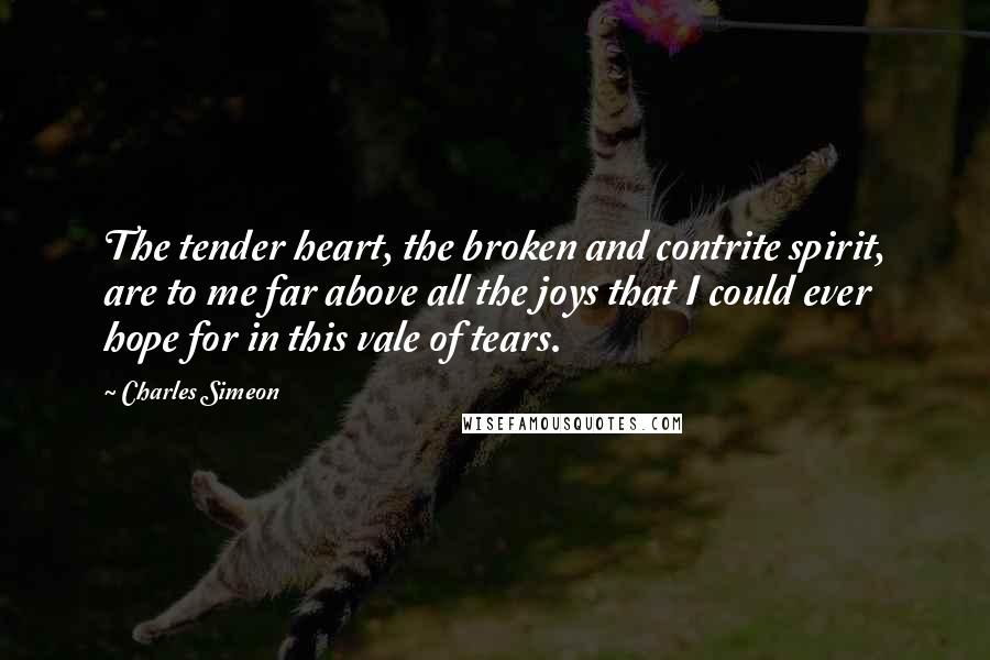 Charles Simeon Quotes: The tender heart, the broken and contrite spirit, are to me far above all the joys that I could ever hope for in this vale of tears.