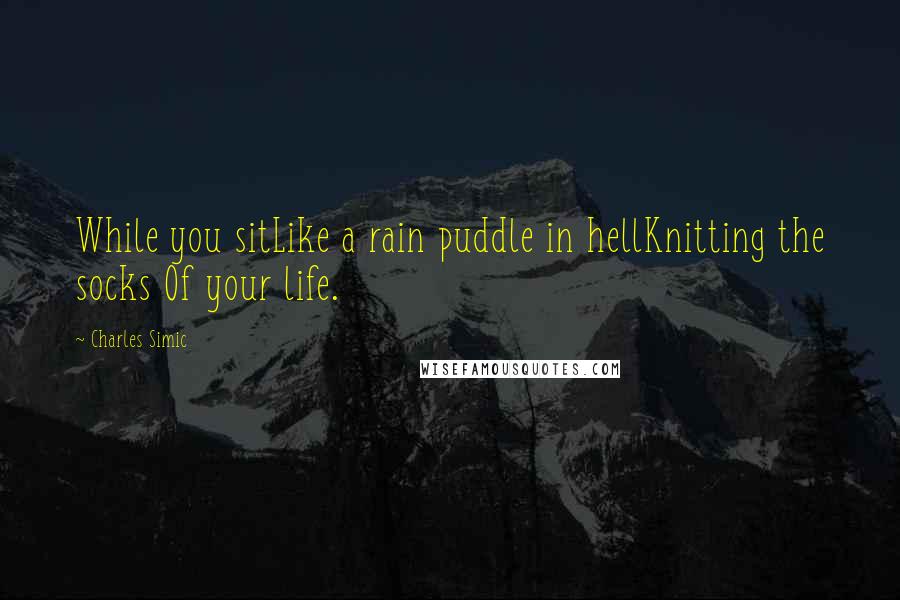 Charles Simic Quotes: While you sitLike a rain puddle in hellKnitting the socks Of your life.