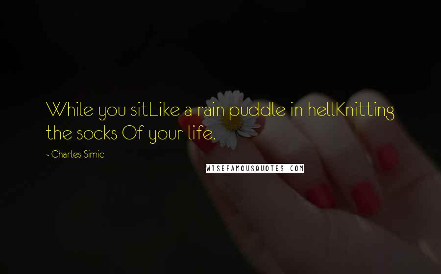 Charles Simic Quotes: While you sitLike a rain puddle in hellKnitting the socks Of your life.