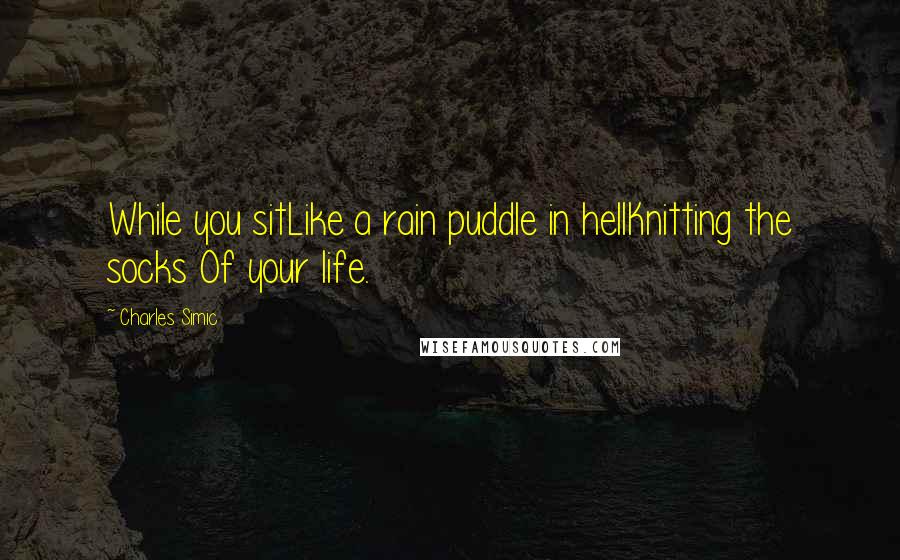 Charles Simic Quotes: While you sitLike a rain puddle in hellKnitting the socks Of your life.