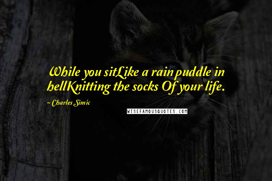 Charles Simic Quotes: While you sitLike a rain puddle in hellKnitting the socks Of your life.