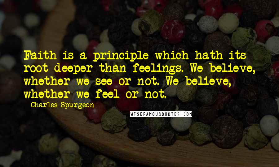 Charles Spurgeon Quotes: Faith is a principle which hath its root deeper than feelings. We believe, whether we see or not. We believe, whether we feel or not.