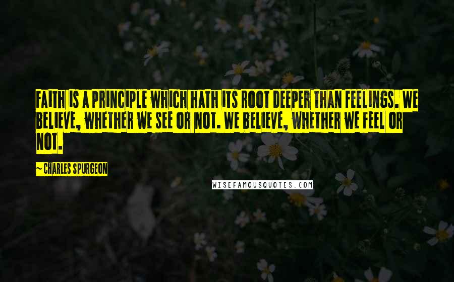 Charles Spurgeon Quotes: Faith is a principle which hath its root deeper than feelings. We believe, whether we see or not. We believe, whether we feel or not.