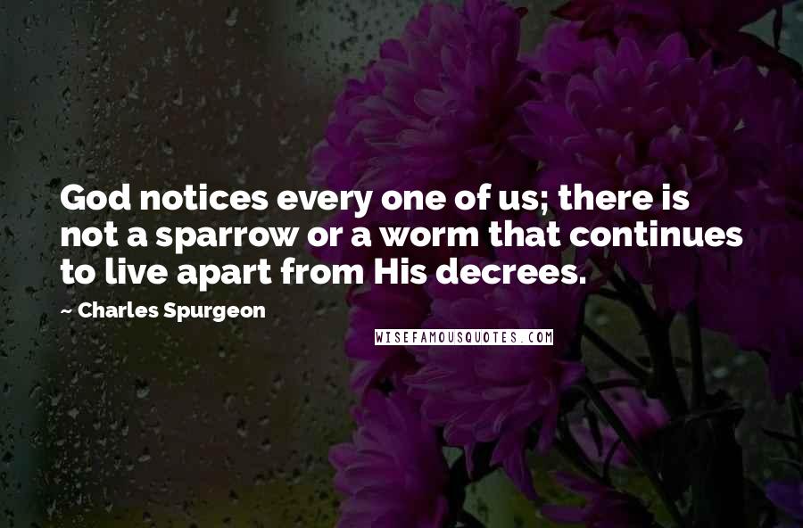 Charles Spurgeon Quotes: God notices every one of us; there is not a sparrow or a worm that continues to live apart from His decrees.