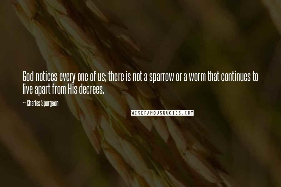 Charles Spurgeon Quotes: God notices every one of us; there is not a sparrow or a worm that continues to live apart from His decrees.