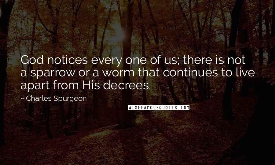 Charles Spurgeon Quotes: God notices every one of us; there is not a sparrow or a worm that continues to live apart from His decrees.
