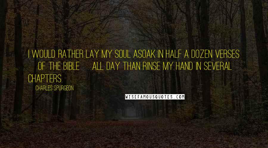 Charles Spurgeon Quotes: I would rather lay my soul asoak in half a dozen verses [of the Bible] all day than rinse my hand in several chapters.