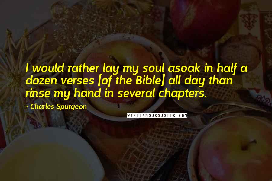 Charles Spurgeon Quotes: I would rather lay my soul asoak in half a dozen verses [of the Bible] all day than rinse my hand in several chapters.