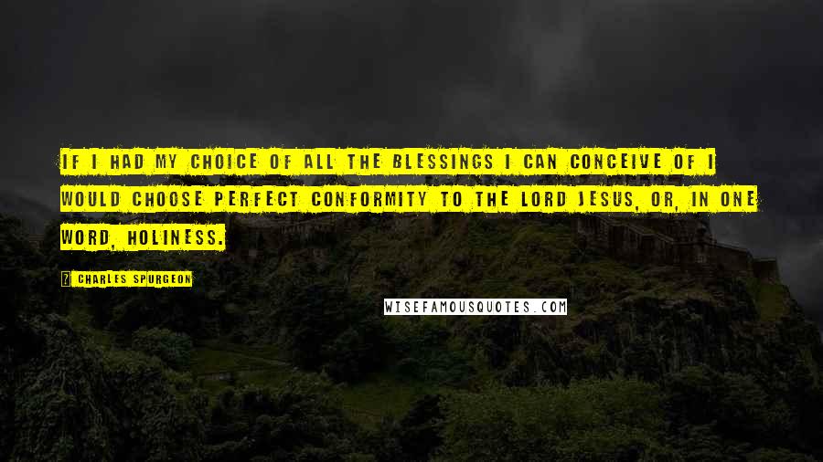 Charles Spurgeon Quotes: If I had my choice of all the blessings I can conceive of I would choose perfect conformity to the Lord Jesus, or, in one word, holiness.