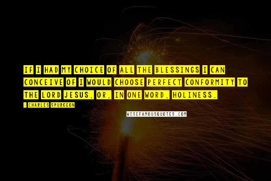 Charles Spurgeon Quotes: If I had my choice of all the blessings I can conceive of I would choose perfect conformity to the Lord Jesus, or, in one word, holiness.