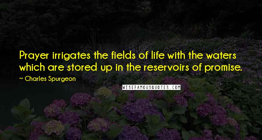 Charles Spurgeon Quotes: Prayer irrigates the fields of life with the waters which are stored up in the reservoirs of promise.