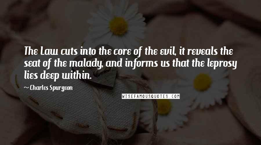 Charles Spurgeon Quotes: The Law cuts into the core of the evil, it reveals the seat of the malady, and informs us that the leprosy lies deep within.